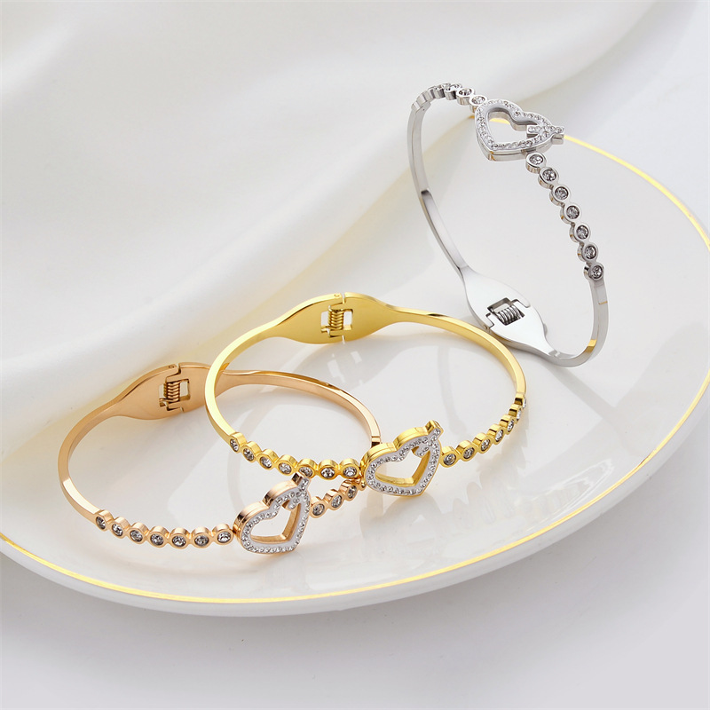 16g Weight Zircon Inlay Material Bangle Classification 1 Piece Quantity Fashion Heart Shape Titanium Steel Plating Hollow Out Inlay Zircon Bangle 1 Piece