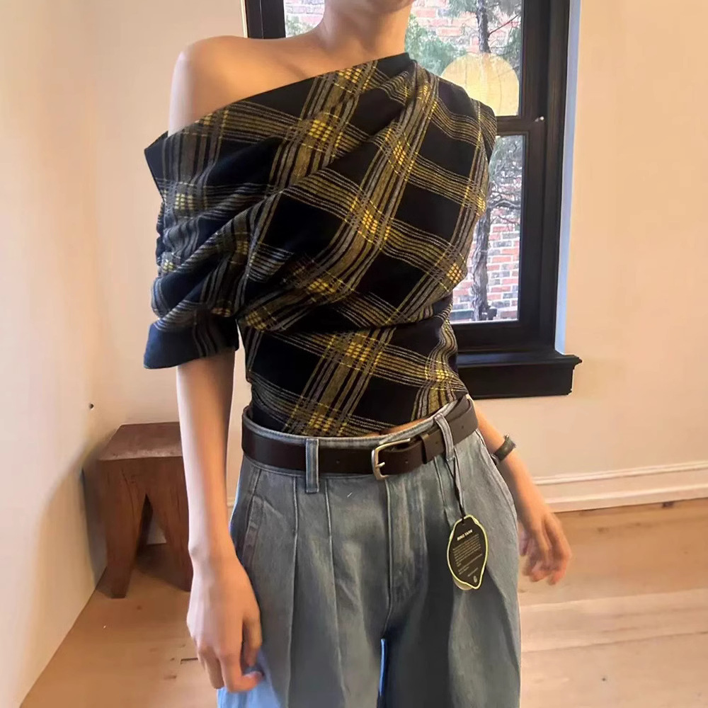 在庫あり 斜め肩ウエストチェック柄半袖レディース 2025 夏韓国スリムフィットニッチデザイナーレディースウェア