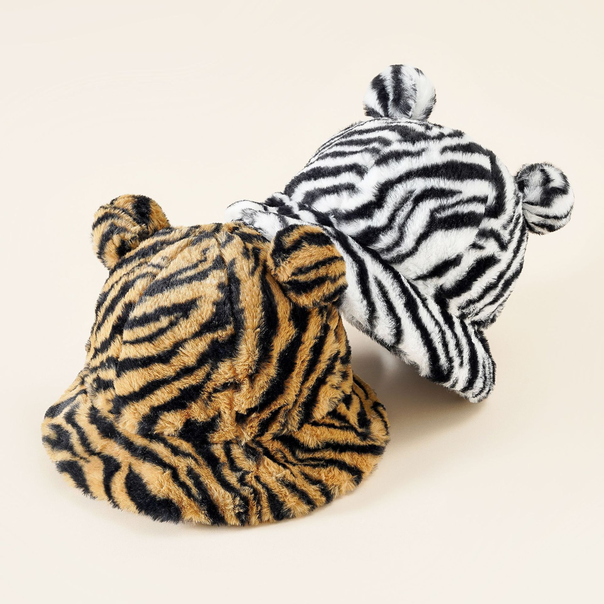Patrón de tigre lindo patrón de cebra orejas de oso de peluche cálido pullover cap otoño e invierno toe cap cuenca sombrero de pescador sombrero