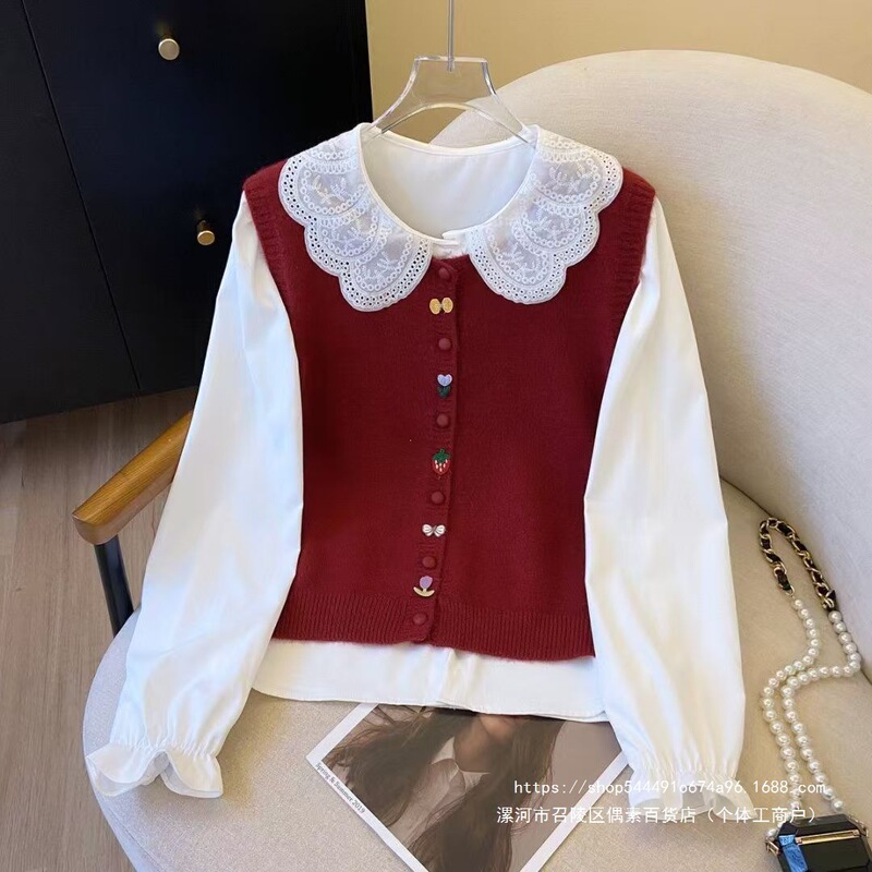 French-style sweet vest two-piece set with colorful buttons, knitted lace collar, long-sleeved shirt, women's top, layered for spring and autumn, trendy French-style sweet vest two-piece set with colorful buttons, knitted lace collar, long-sleeved shirt, women's top, layered for spring and autumn, trendy