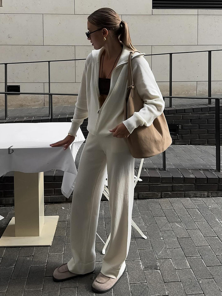 Bộ áo cardigan dệt kim khóa kéo phối quần dài ống rộng nữ — màu bột yến mạch, màu nâu, màu xám, trắng chi tiết 42