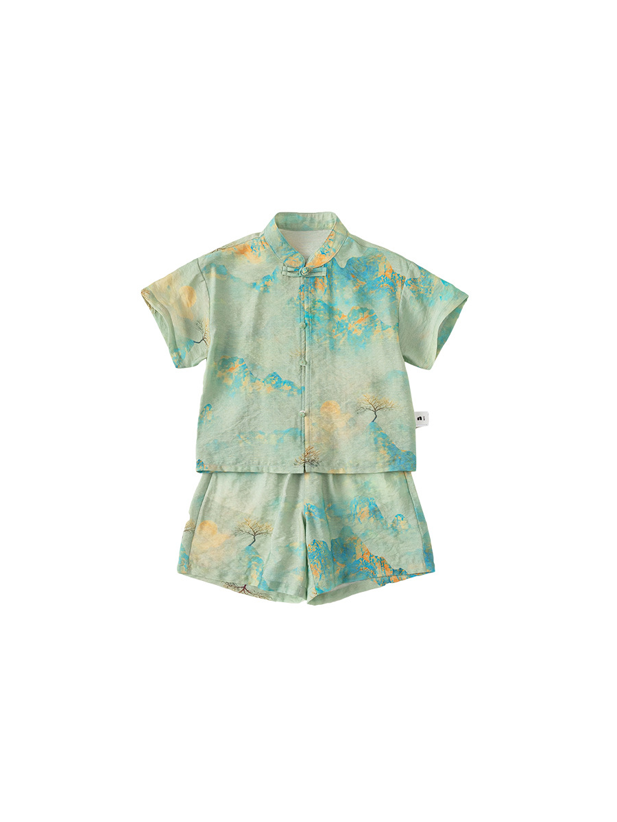 Youbao ropa para niños traje Hanfu para niños estampado de estilo chino 2025 verano niño hebilla de disco pantalones cortos Tang traje de dos piezas