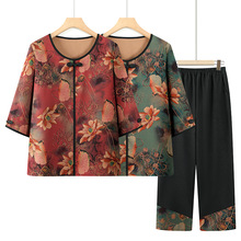 中老年人女装套装奶奶夏季宽松T恤两件套老太太衣服妈妈装新款薄