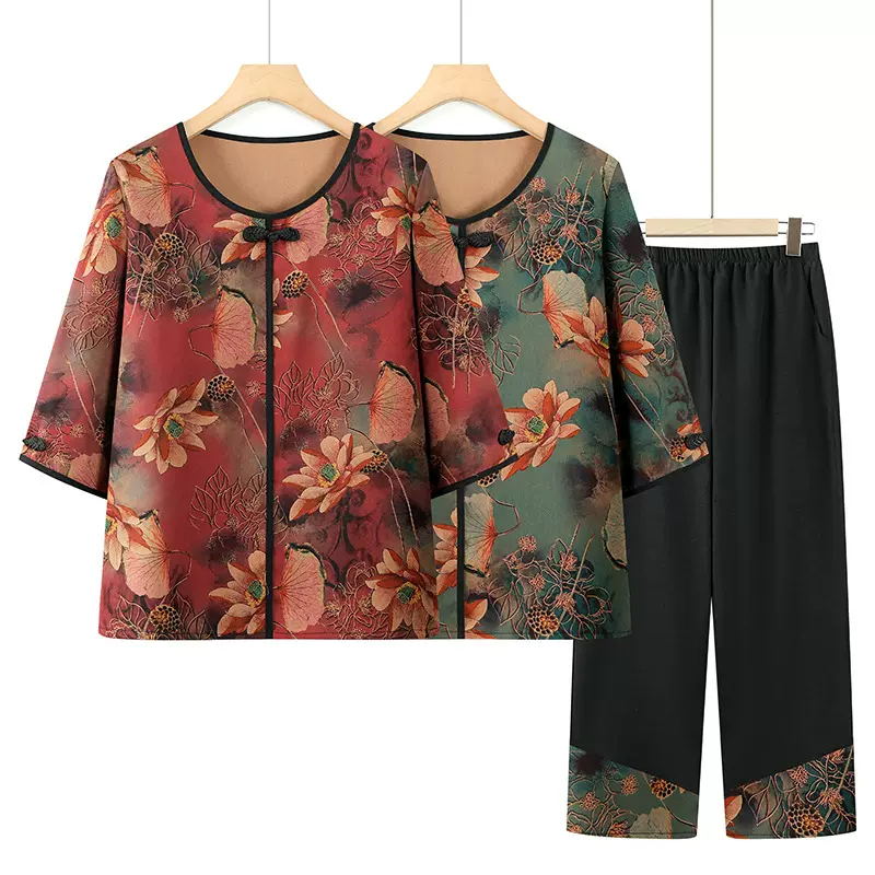中老年人女装套装奶奶夏季宽松T恤两件套老太太衣服妈妈装新款薄