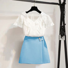 套装女夏雪纺V领上衣短裙两件套2024新款韩版宽松小个子短袖套装