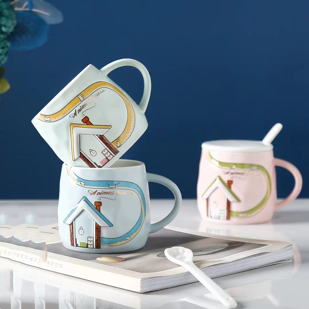 Creativo alivio pastoral casa historieta personalizada regalo de cerámica gato garra cuchara taza café estilo japonés agua