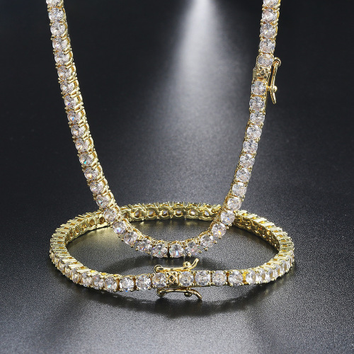 European and American hip-hop single row zircon necklace bracelet full of diamonds duck tongue buckle handmade tennis chain set cross-border wholesale