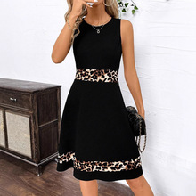 欧美跨境连衣裙女春夏豹纹撞色圆领无袖新款时尚优雅女装背心裙子