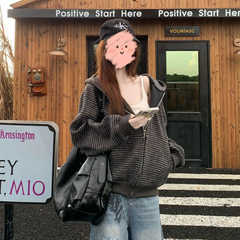 黑灰色条纹卫衣外套女款连帽开衫秋季2025新款韩系上衣小众慵懒感