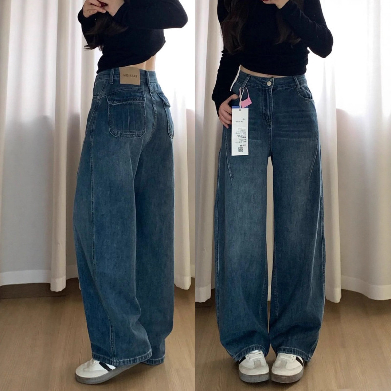 Vintage Blue Jeans for Women 2025 Autumn and Winter New Style Plus Size High-Waisted Loose Multi-Pocket Workwear Wide-Leg Pants