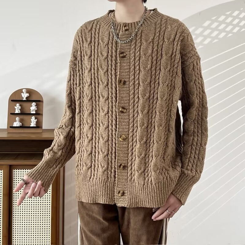 Two-tone twisted long-sleeve knitted cardigan for men, new autumn style, old money style, loose casual lazy style sweater jacket
