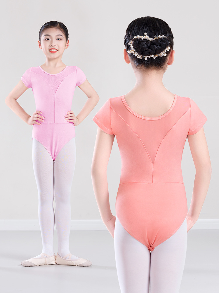 Ropa de baile para niños, ropa de baile de práctica de verano, costura de malla, ropa de forma de niña de manga corta, ropa de examen, ropa de baile de ballet