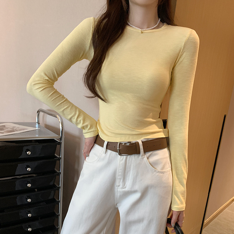 Brand Discount New Korean Style Beautiful Yellow Inner Layering Shirt for Women Spring Single Wear Long-Sleeved T-Shirt Right Shoulder Short Style