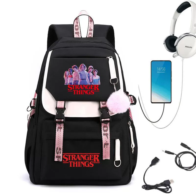Рюкзак школьный (Stranger Things) с принтом Hellfire Club, USB‑порт, мягкая спинка, чёрно‑розовый