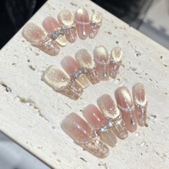 【金粉世家】纯手工穿戴甲温柔法式细闪猫眼美甲小香风高级穿戴甲