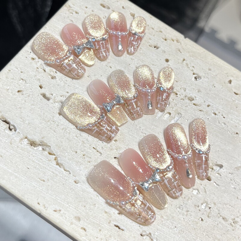 [Golden Powder Family] Purely Handmade Wearable Nails, Gentle French Fine Glitter Cat Eye Manicure, Small Fragrance Style High-End Wearable Nails