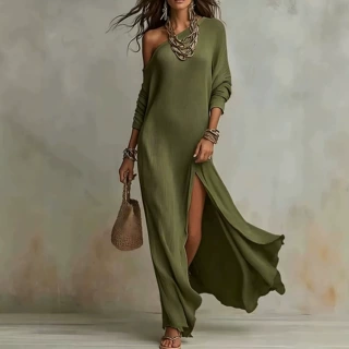 品质2026欧美跨境独立站夏季新款优雅长袖针织开叉女式连衣裙厂批