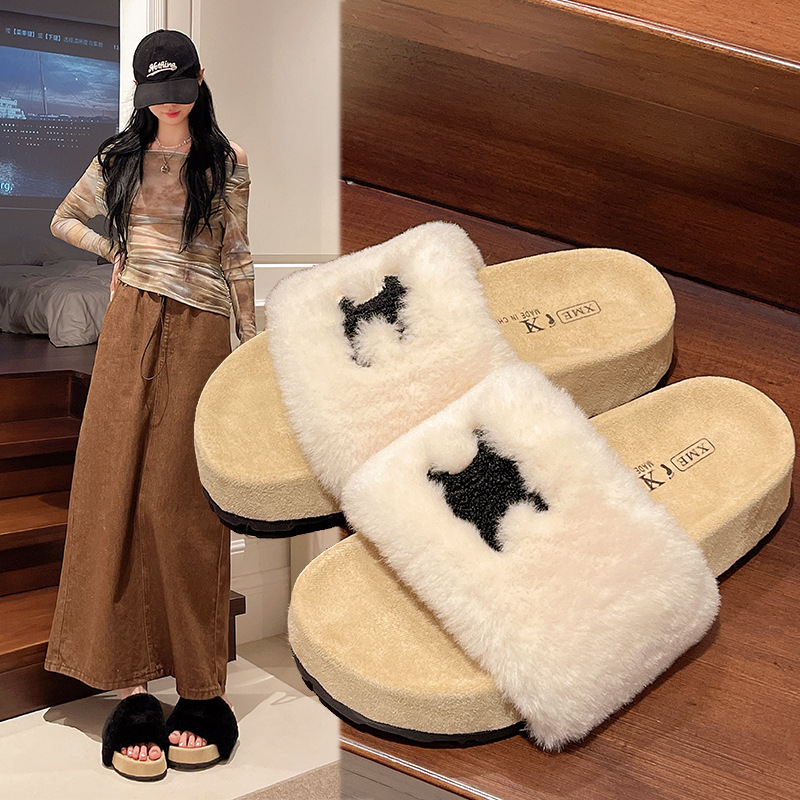 2025秋季新款舒适时尚一字拖鞋女外穿休闲毛茸茸露趾厚底毛毛拖鞋|undefined