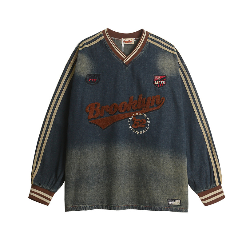Magic Bear Men's Clothing 2026 Spring New American Trendy Brand Retro Campus Style Heavy Embroidery Washed Denim Sweatshirt