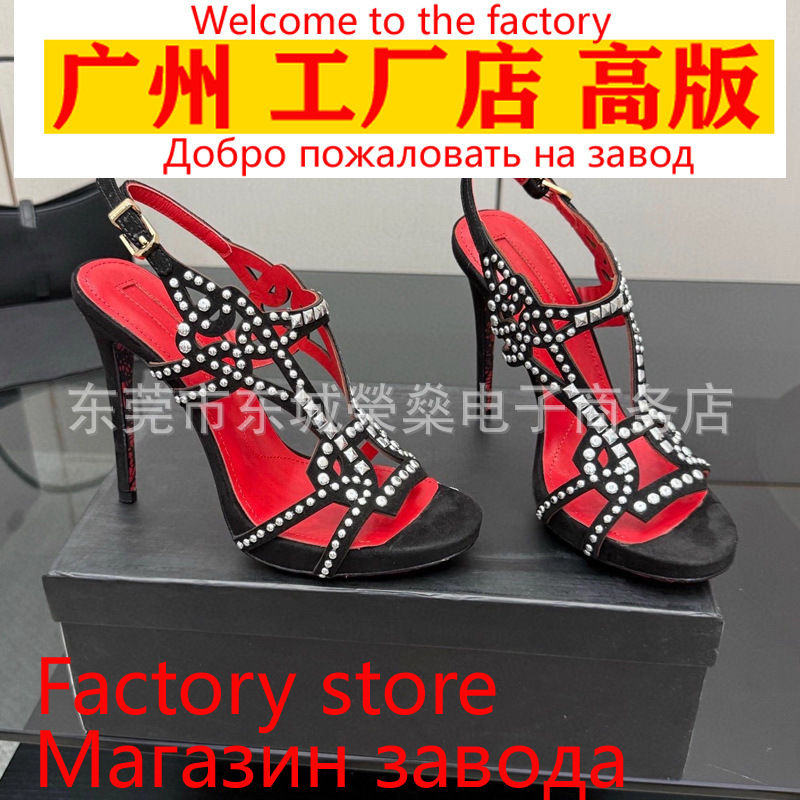 2025 European and American New Style Ultra-High Heel Hollow Rivet Open-Toe Roman Sandals Women's Sexy Side Hollow Stiletto Foreign Trade Women's Shoes