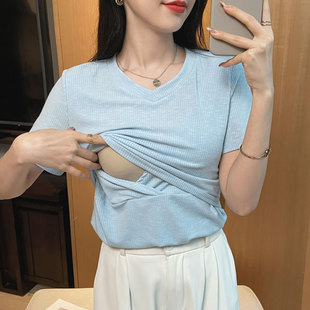 Real Shot in stock Breastfeeding Pure Cotton Shirt Summer Postpartum Hot Mom Skin-friendly Slub Cotton Breastfeeding Top Short Sleeve