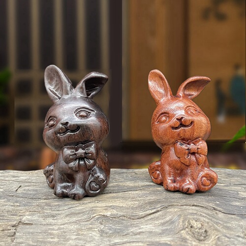 Solid wood carved rabbit ornament home living room desk decoration accessory 12 zodiac sign Rabbit