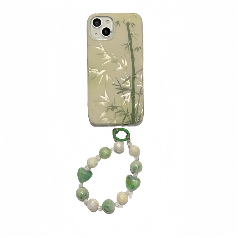 Guofeng ins hilo de plumas bambú verde para iPhone 13 pulsera 14ProMax Apple 15ro funda para teléfono 12