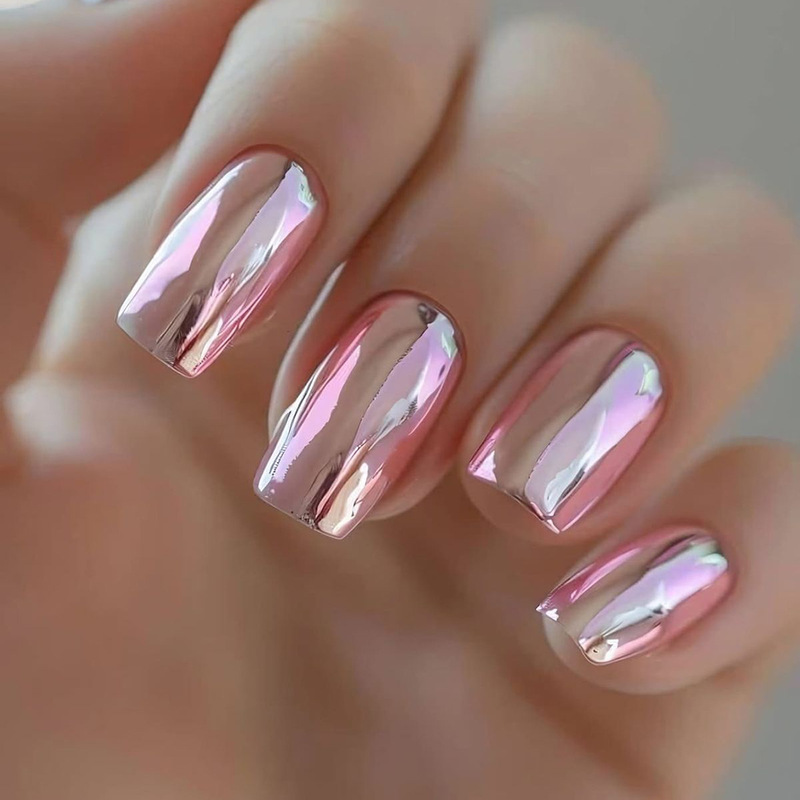 Medium-Sized Square False Nails with Chrome-Plated Mirror Acrylic in Light Pink, Sweet Aurora Style, Popular in European and American Ins-Style Trends, Cross-Border Hot Seller Medium-Sized Square False Nails with Chrome-Plated Mirror Acrylic in Light Pink, Sweet Aurora Style, Popular in European and American Ins-Style Trends, Cross-Border Hot Seller