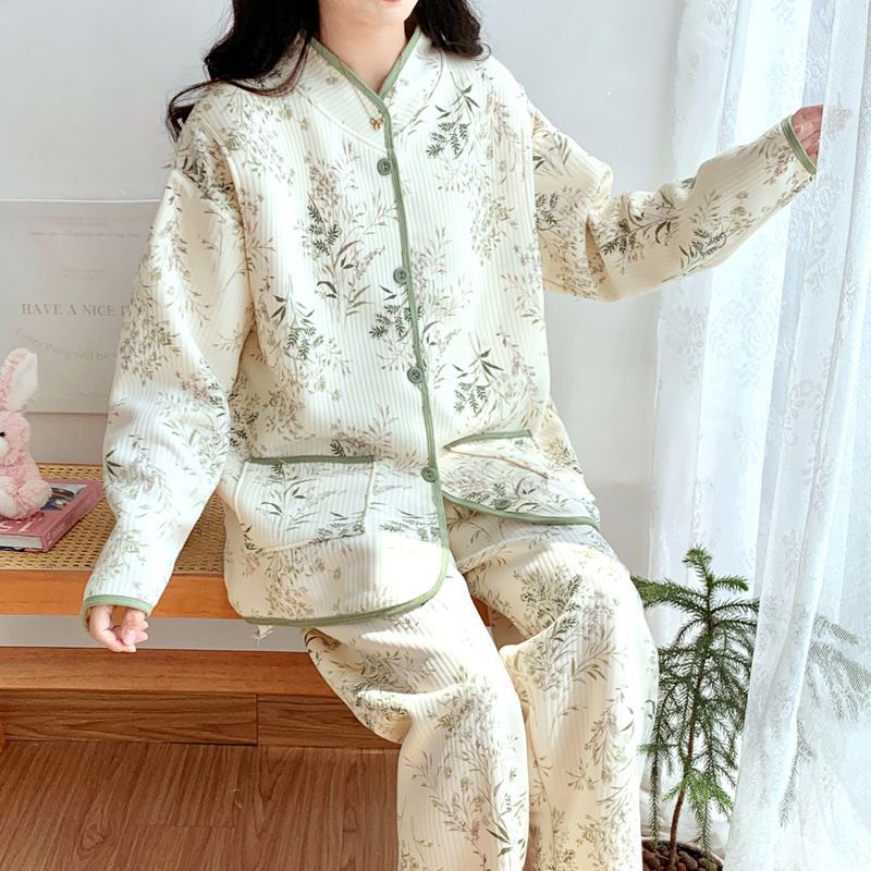 (2개) 가을 겨울 임산부 파자마 에어 인터레이어 가슴 패드 2피스 세트 유행 국가 스타일 모유 수유 산후 옷 가정복