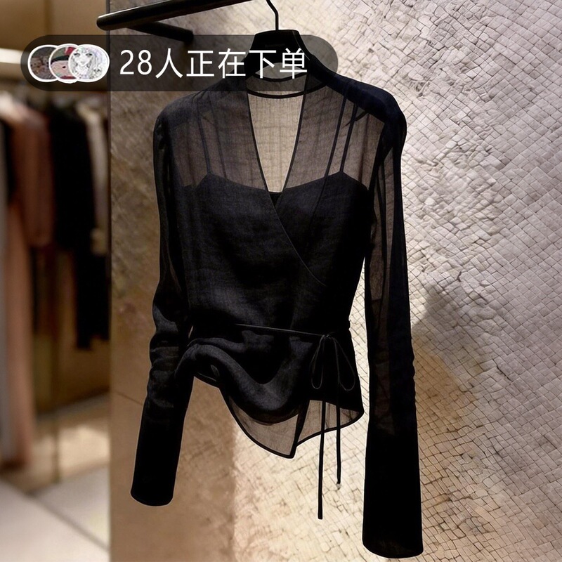 French-Style Black Semi-Sheer Shirt for Women, Long-Sleeved, New Summer Model, Beautiful Sun-Protective Blouse with a Stylish Tie-Up Design, Thin Top French-Style Black Semi-Sheer Shirt for Women, Long-Sleeved, New Summer Model, Beautiful Sun-Protective Blouse with a Stylish Tie-Up Design, Thin Top