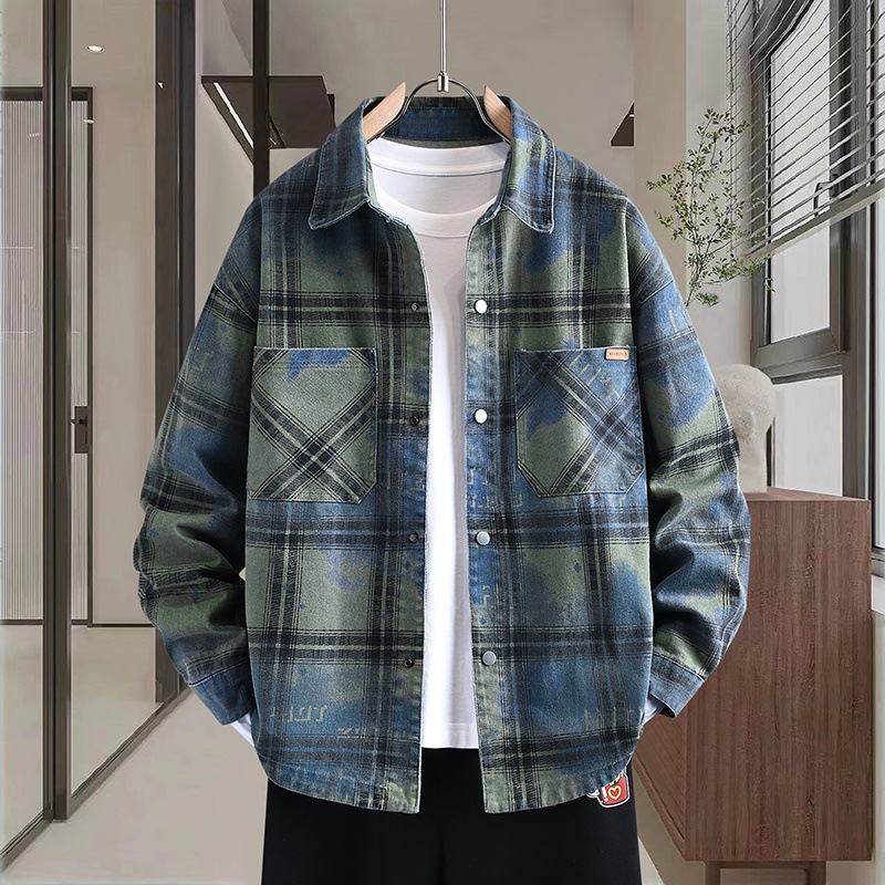 2026 Autumn New Style Shirt Collar Jacket Men's Loose Plaid Faux Denim Youth Personalized Design Jacket