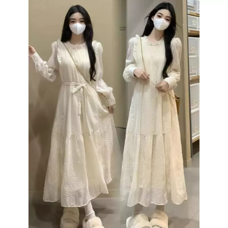 2024春秋季新款蕾丝甜美连衣裙女装高级感高端精致打底a字长裙子