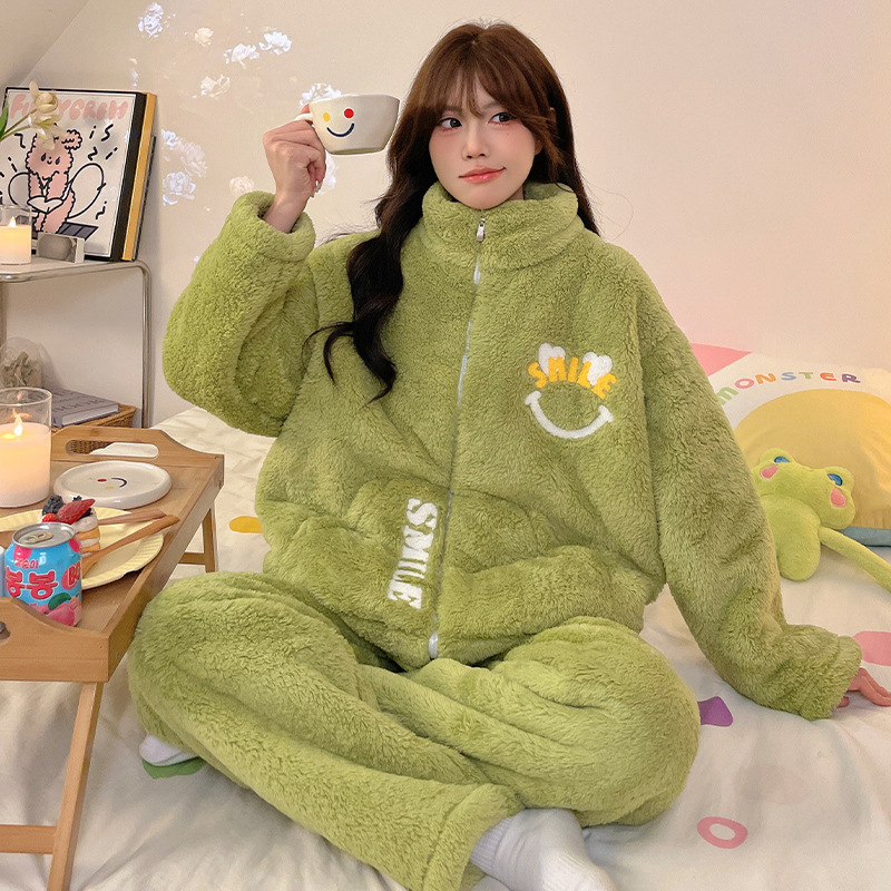 2025年新款秋冬季古风睡衣女冬毛毛珊瑚绒加厚拉链外穿家居服套装