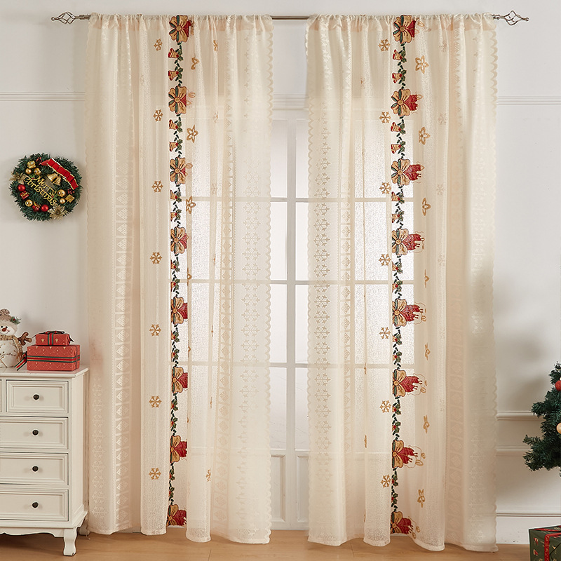 American-style Christmas Curtain With Bell Embroidery Lace Blackout Fabric_voghion.com