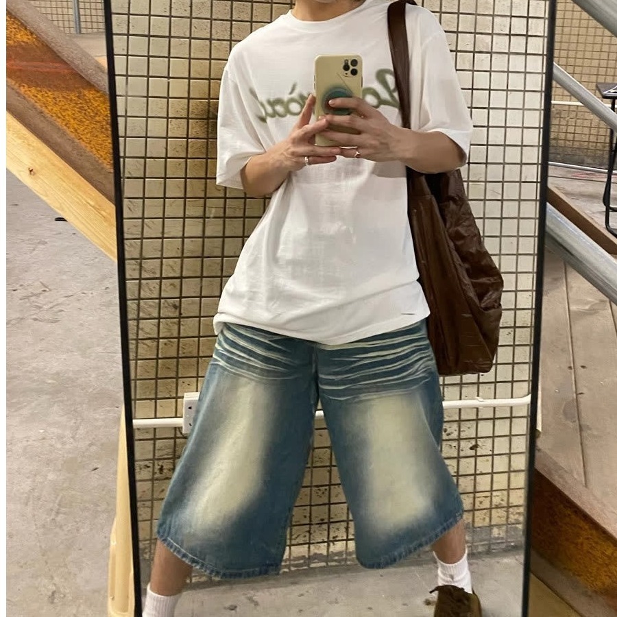 Men's Vintage Washed Blue Distressed Denim Shorts Loose Fit Streetwear Style Cargo Pants with Multi-Pockets_mkmklike.com