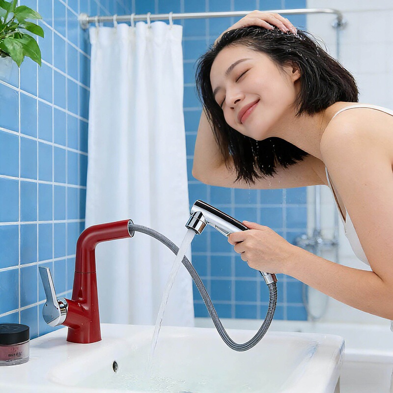 Xiaohongshu Dopamine Pull-Out Basin Hot and Cold Bathroom Faucet Washbasin Vanity Washroom Hand Washing Red Xiaohongshu Dopamine Pull-Out Basin Hot and Cold Bathroom Faucet Washbasin Vanity Washroom Hand Washing Red