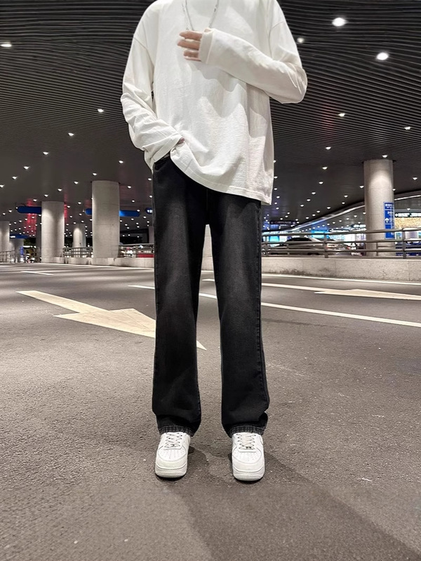 黑色微喇水洗牛仔裤男直筒宽松美式高街vibe裤子潮流百搭休闲长裤|undefined