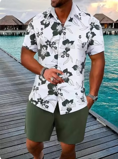 2024 europeo y americano transfronterizo verano AliExpress camisa de hombre casual suelto pantalones cortos de manga corta traje de playa impresión 3D