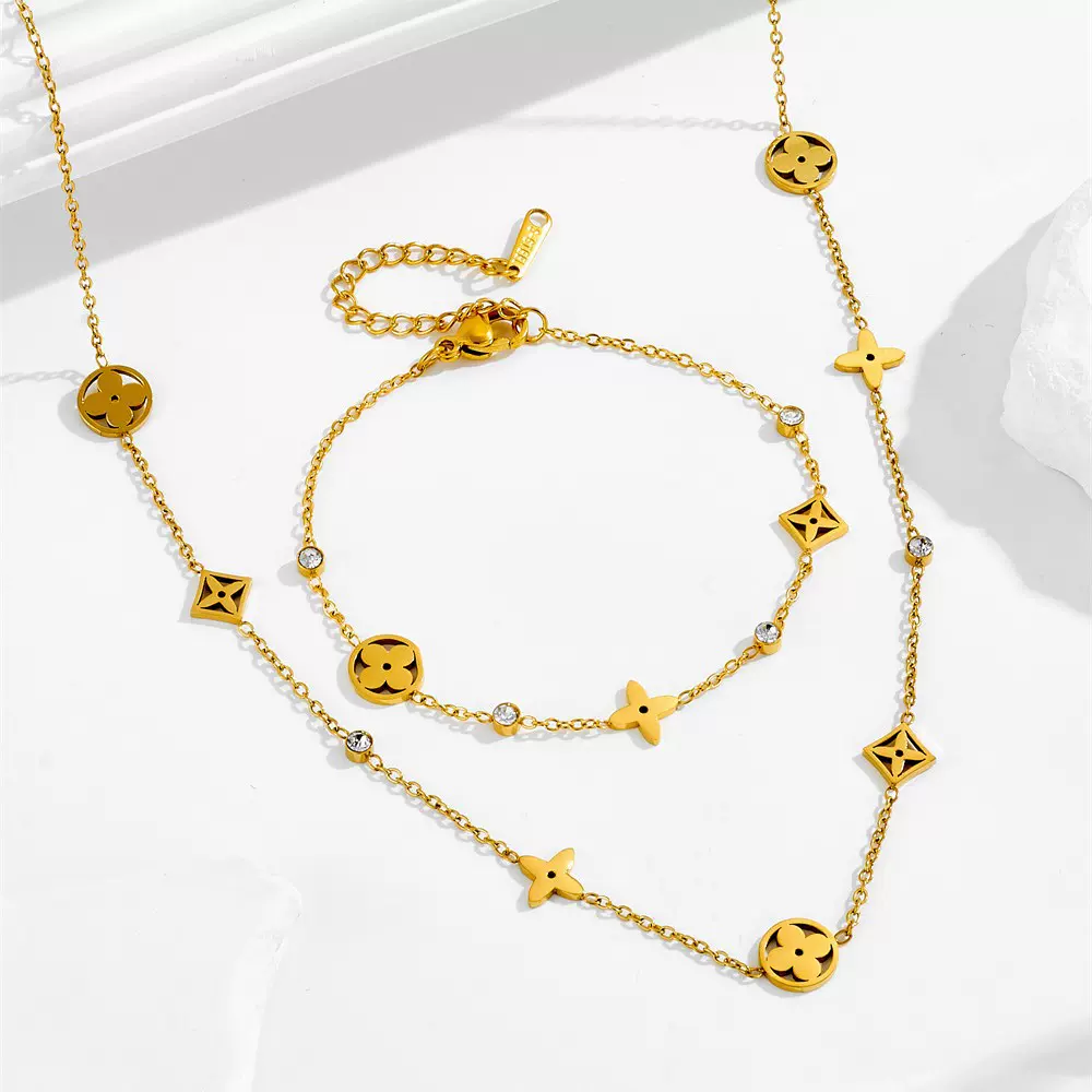 钛钢项链四叶草老花k金色简约气质高级感不锈钢饰品不掉色女 套装