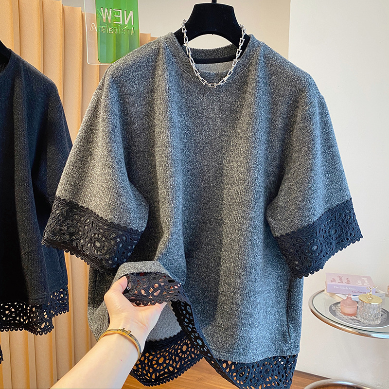 Spring and summer 2025 new cuff lace stitching short sleeve T-shirt top women's plus size loose age-reducing inner base shirt