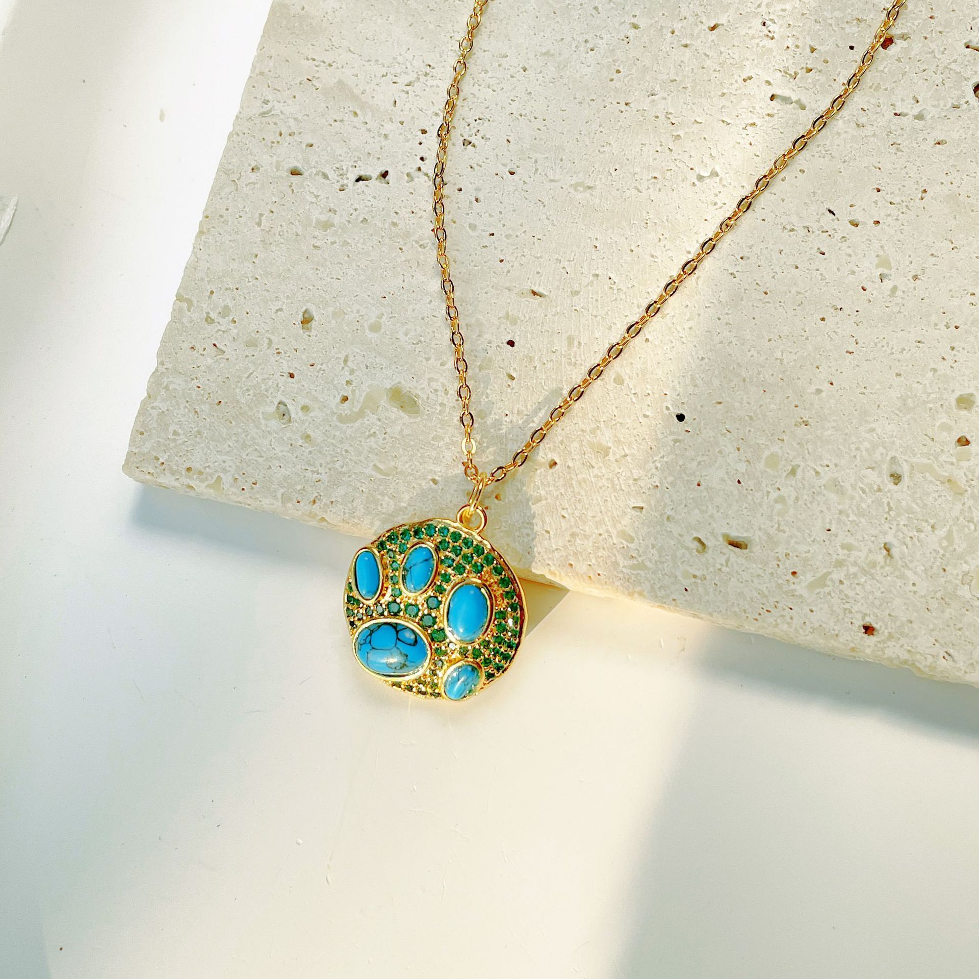 Retro Irregular Geometric Copper Gold Plated Ellipse Plating Natural Stone Pendant Necklace