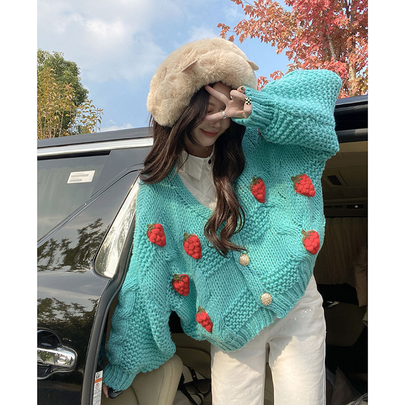 Korean Style Gentle Pink Sweater Cardigan Women's Spring and Autumn Sweet Strawberry Knitted Thickened Coat V-Neck Short Top