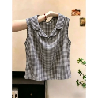 轻熟风复古POLO领格纹无袖衬衫女夏季新款宽松显瘦百搭休闲风上衣