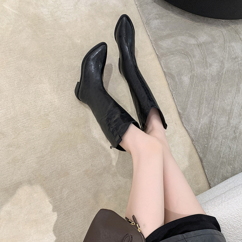 大码不过膝长靴女2025秋冬新款复古尖头V口骑士靴粗跟高筒西部靴|undefined