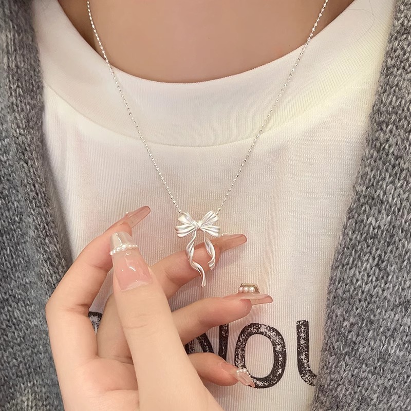 Collier géométrique dynamique à double rangée de nœud papillon pour femme, minimaliste, perles rondes, chaîne ras du cou en alliage plaqué._voghion.com