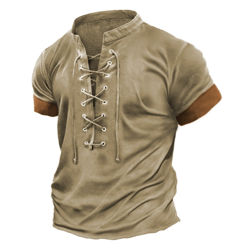 Cross-Border Plus-Size Spring and Summer Men's Retro V-Neck Tie-Dye Casual Color-Block Short-Sleeve T-Shirt