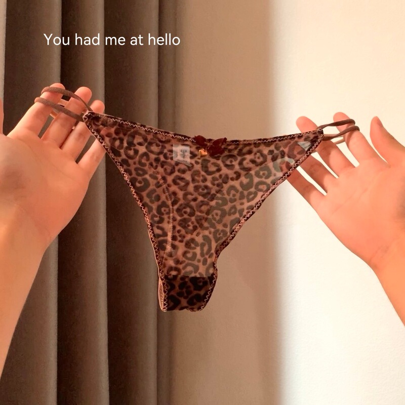 Leopard print mesh thong for women, sexy transparent low-rise briefs, breathable cotton crotch, hollow seamless T-pants for girls
