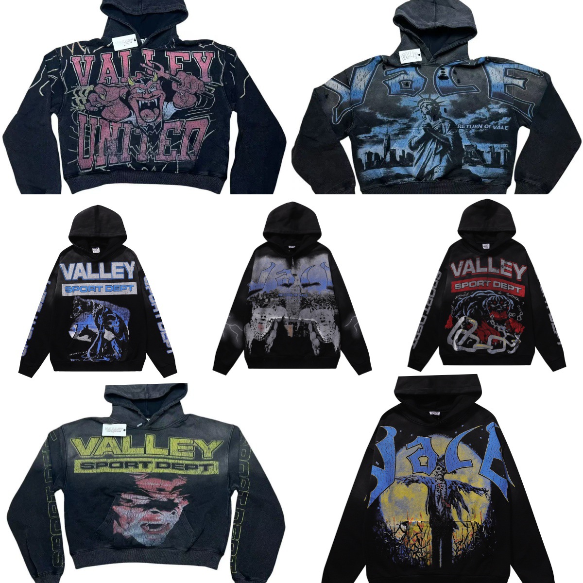 跨境专供高品质美潮Vale泥印洗水做旧毛圈连帽衫高街情侣卫衣