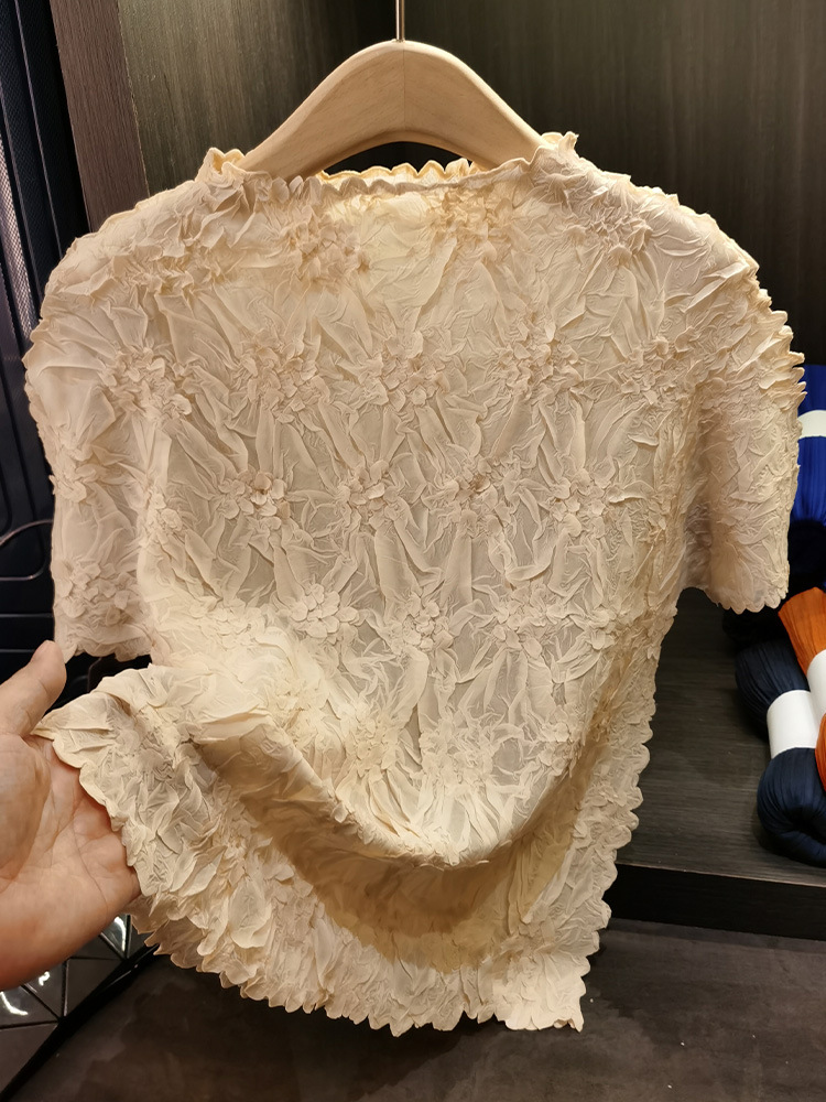 Áo thun nữ tay ngắn cổ tròn chất liệu cotton dập nổi hoa văn nổi cao cấp — Màu đen, Màu đào, Màu trắng, Màu xám