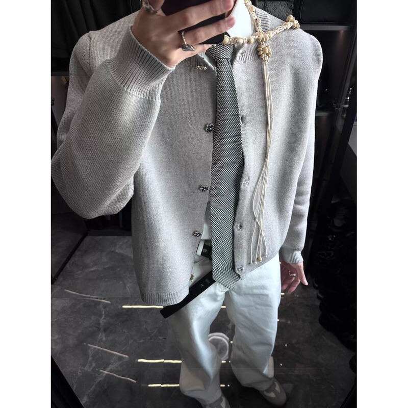Cross-Border American Gray Short Wide Boxy Knitted Cardigan Autumn and Winter Heavy Thickeneded Men's and Women's Miu Sweater Jacket